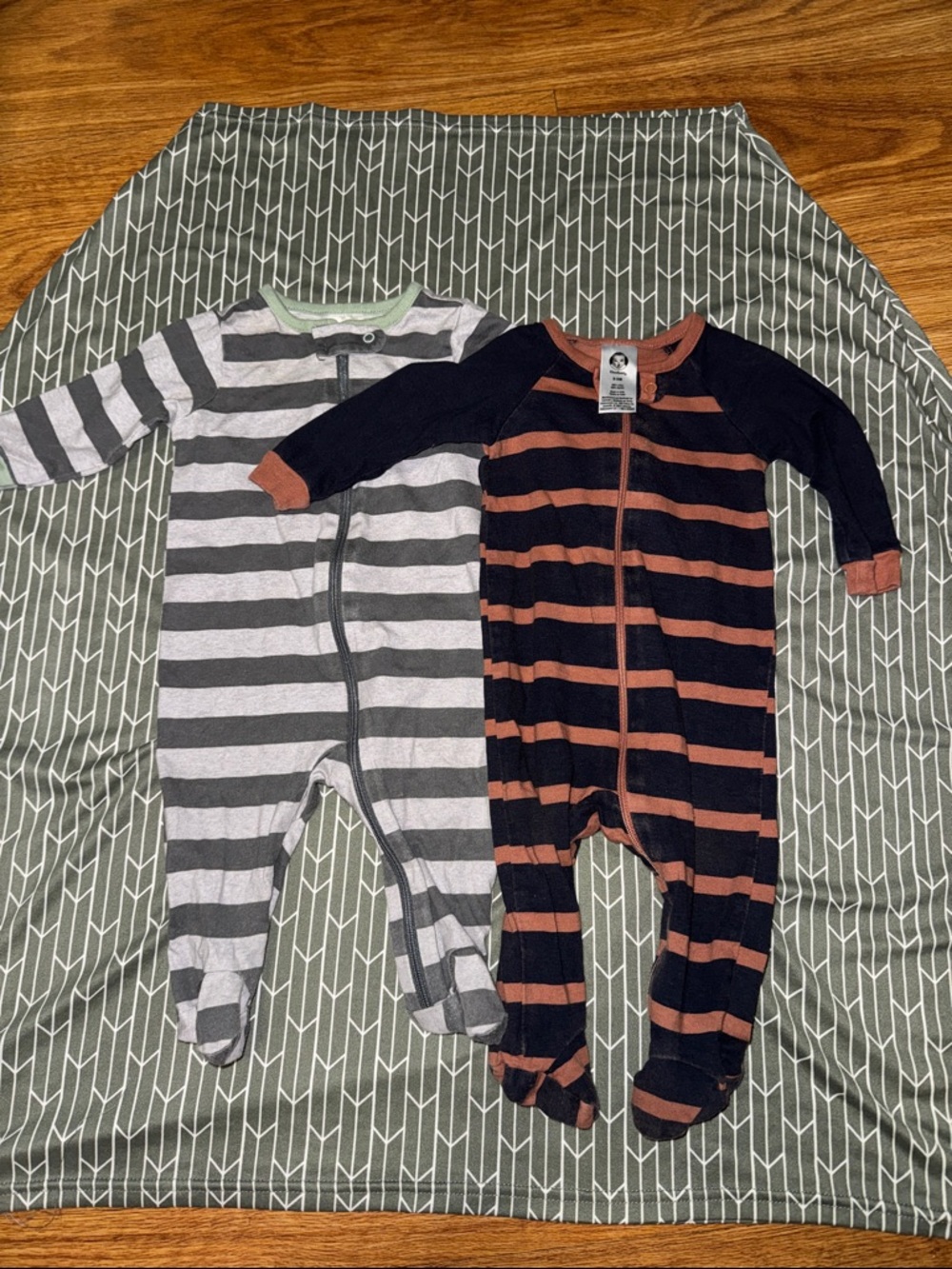 Gerber Navy and Rust Striped Footed One-Piece and Gray White Striped Footie Set